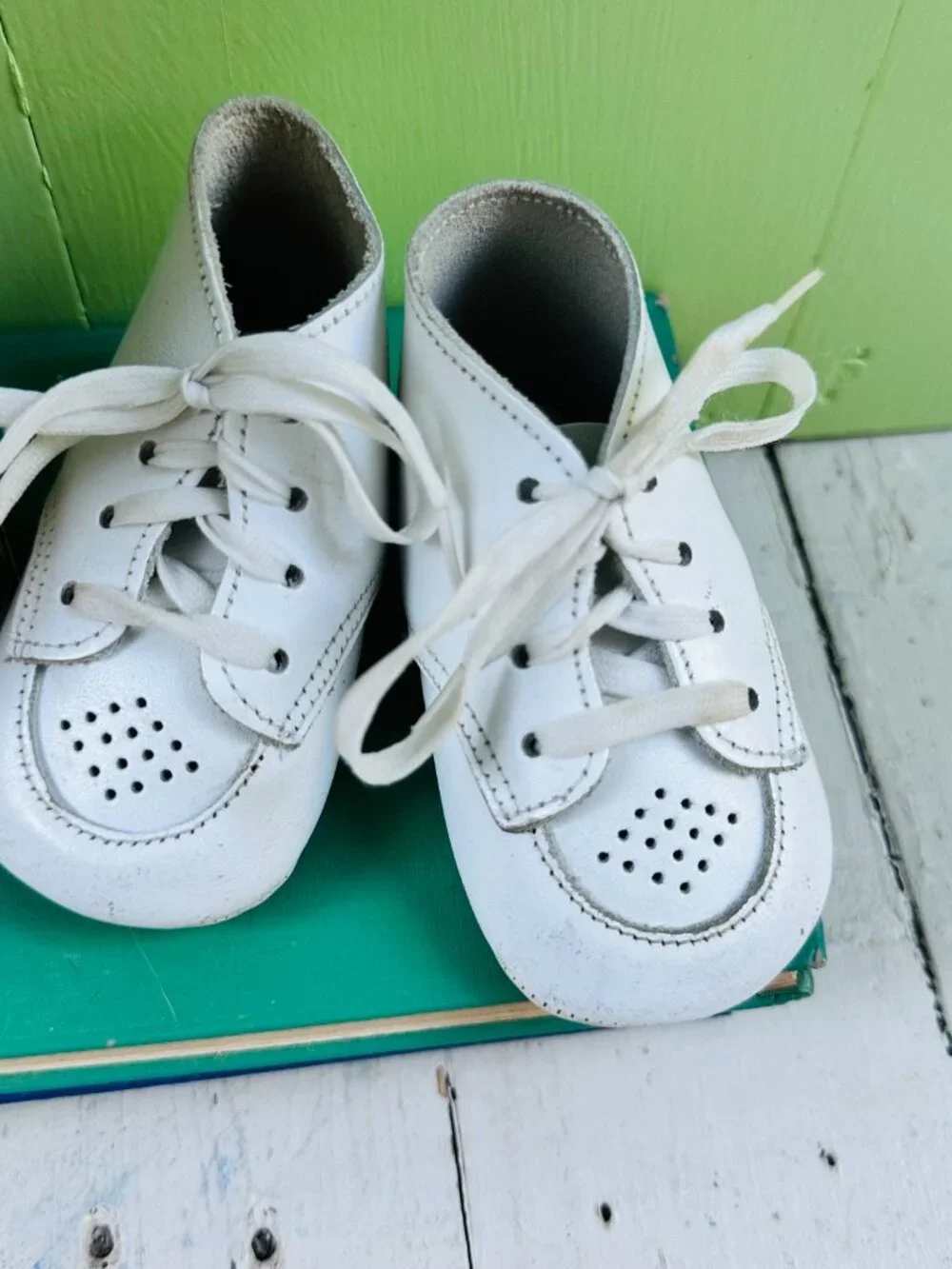 Vintage White Leather Baby Shoes Lace Up Crib Booties Nursery Decor